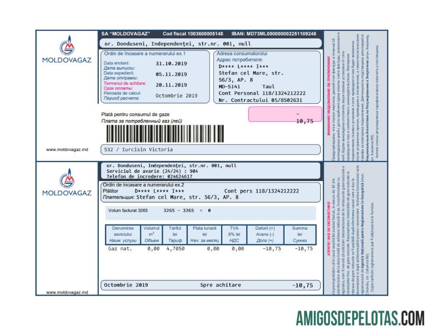 realista Moldávia Moldovagaz Modelo de fatura de serviços públicos em formato Word e PDF